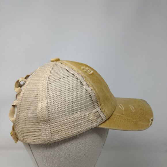 Women's Pontail Hole Strapback Mesh Back Hat Cap Tan Distressed Adjustable - Picture 4 of 8
